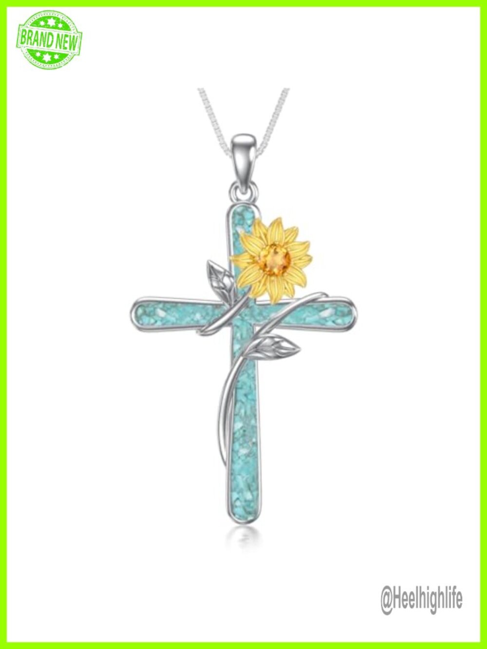 925 Sterling Silver Turquoise Cross Pendant Necklace 18 Inch Box Chain